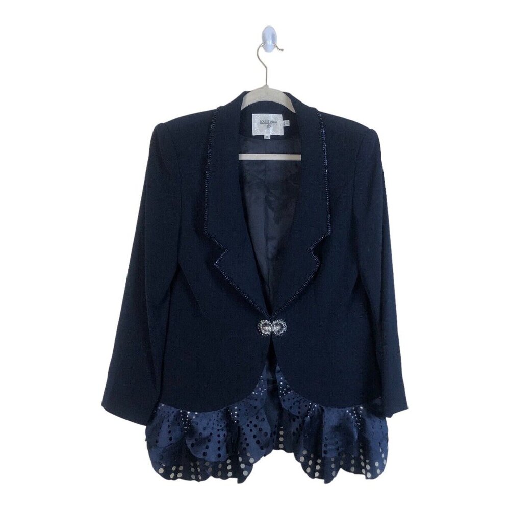Louise Ricci 10 Blazer Blue Jacket Hook Closure Deep V Neck Long Sleeve